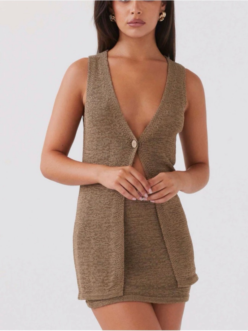 Beach Knit Mini Skirt & Vest Set with Single Button Closure - Khaki Sz Med